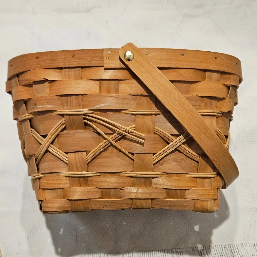 Swing Handle Woven Basket Brown Wood Splint Rustic Cottagecore Farmhouse Vintage